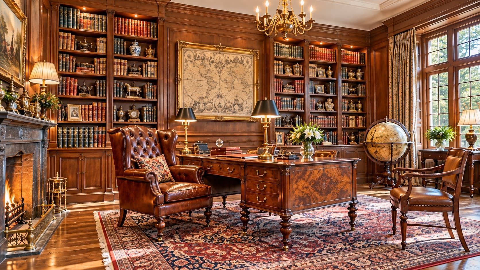 A walnut-panelled library study with a leather wingback chair and antique writing desk