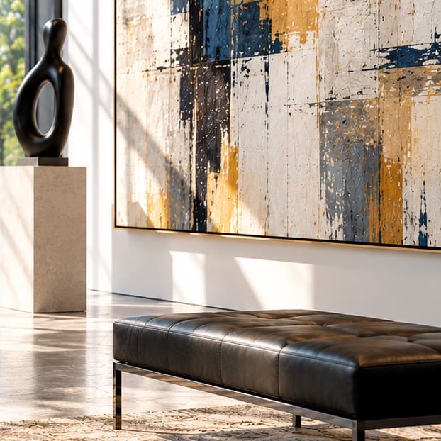Gallery interior with a sculpture, a large abstract painting and a leather bench