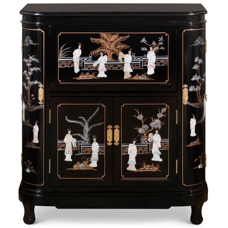 Chinese black lacquer drinks cabinet with mother-of-pearl inlay, mid-20th century